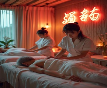 Asian spa therapists giving a relaxing full-body massage.