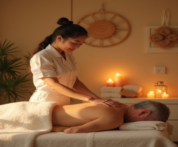 Asian massage therapist performing a massage in NYC spa